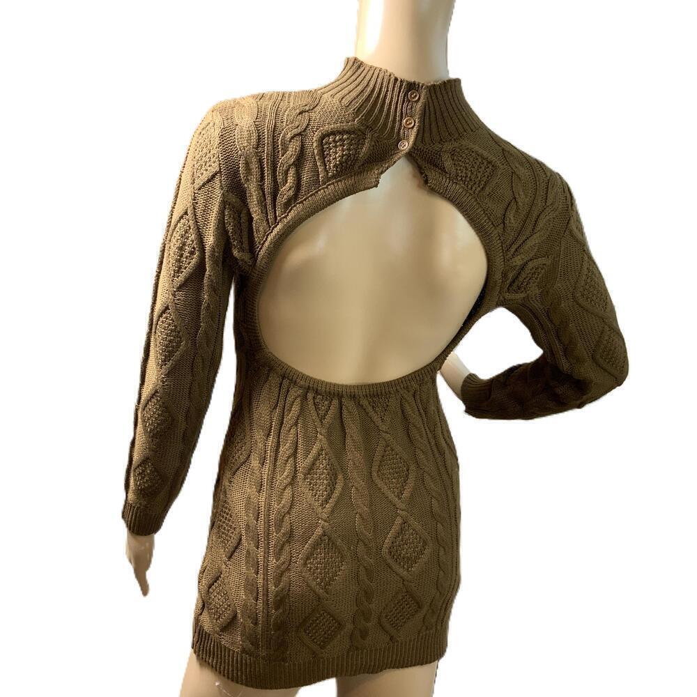 SHEIN Brown Long Sleeve Mock neck Cable Knit Backless Sweater Dress Sz XS Baddie - Picture 9 of 14